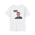 Back view of a white unisex T-shirt with bold black TWAT lettering and a colour portrait printed on the back.