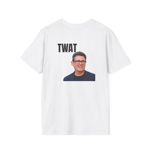 Back view of a white unisex T-shirt with bold black TWAT lettering and a colour portrait printed on the back.