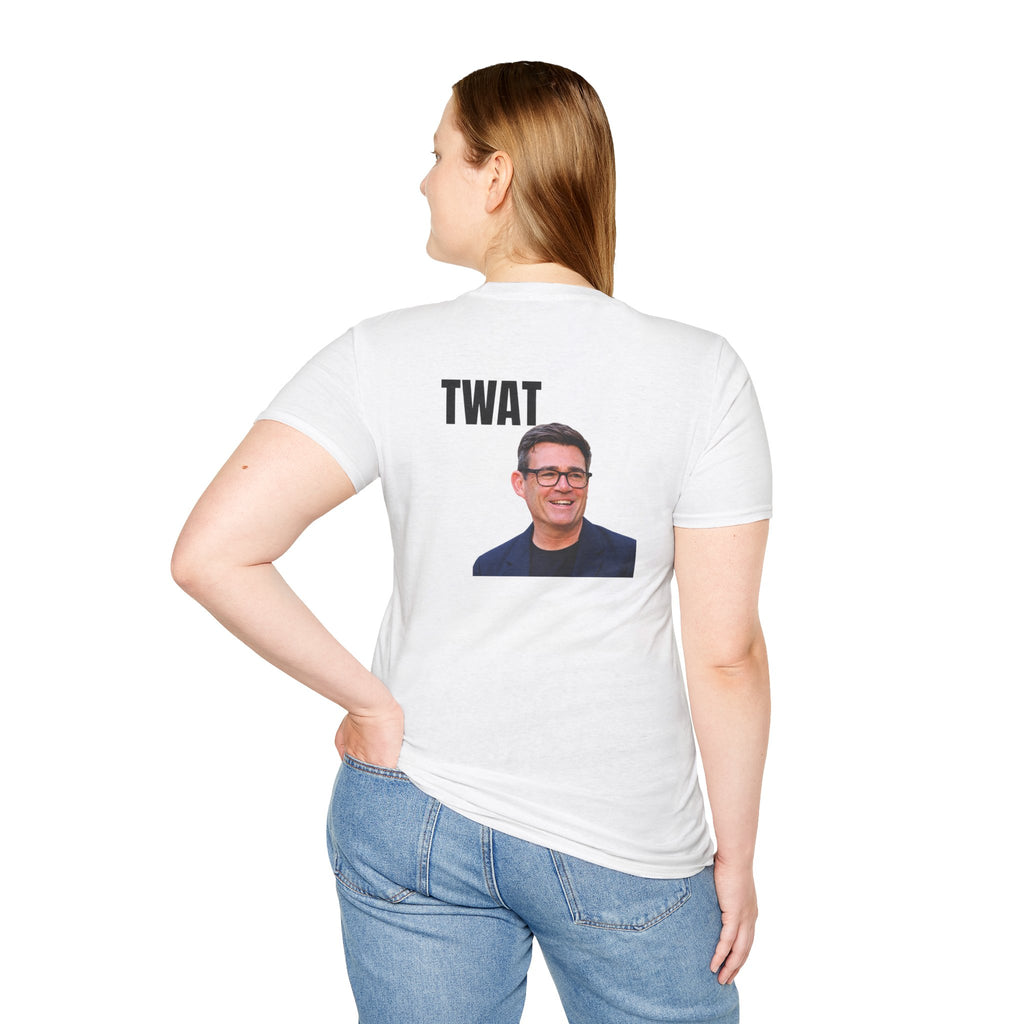 Official model back view of the white unisex T-shirt with TWAT lettering and a colour portrait.