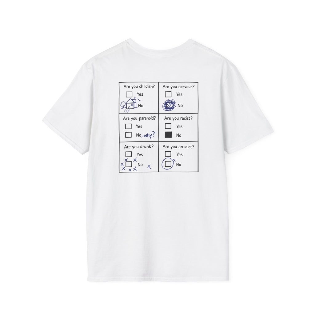 Back view of a white unisex questionnaire T-shirt with six black question panels and blue pen annotations.