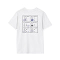Back view of a white unisex questionnaire T-shirt with six black question panels and blue pen annotations.