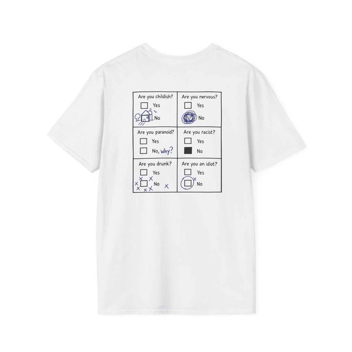 Back view of a white unisex questionnaire T-shirt with six black question panels and blue pen annotations.