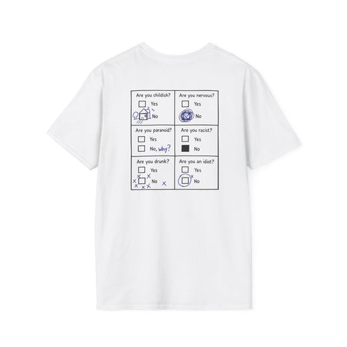 Back view of a white unisex questionnaire T-shirt with six black question panels and blue pen annotations.