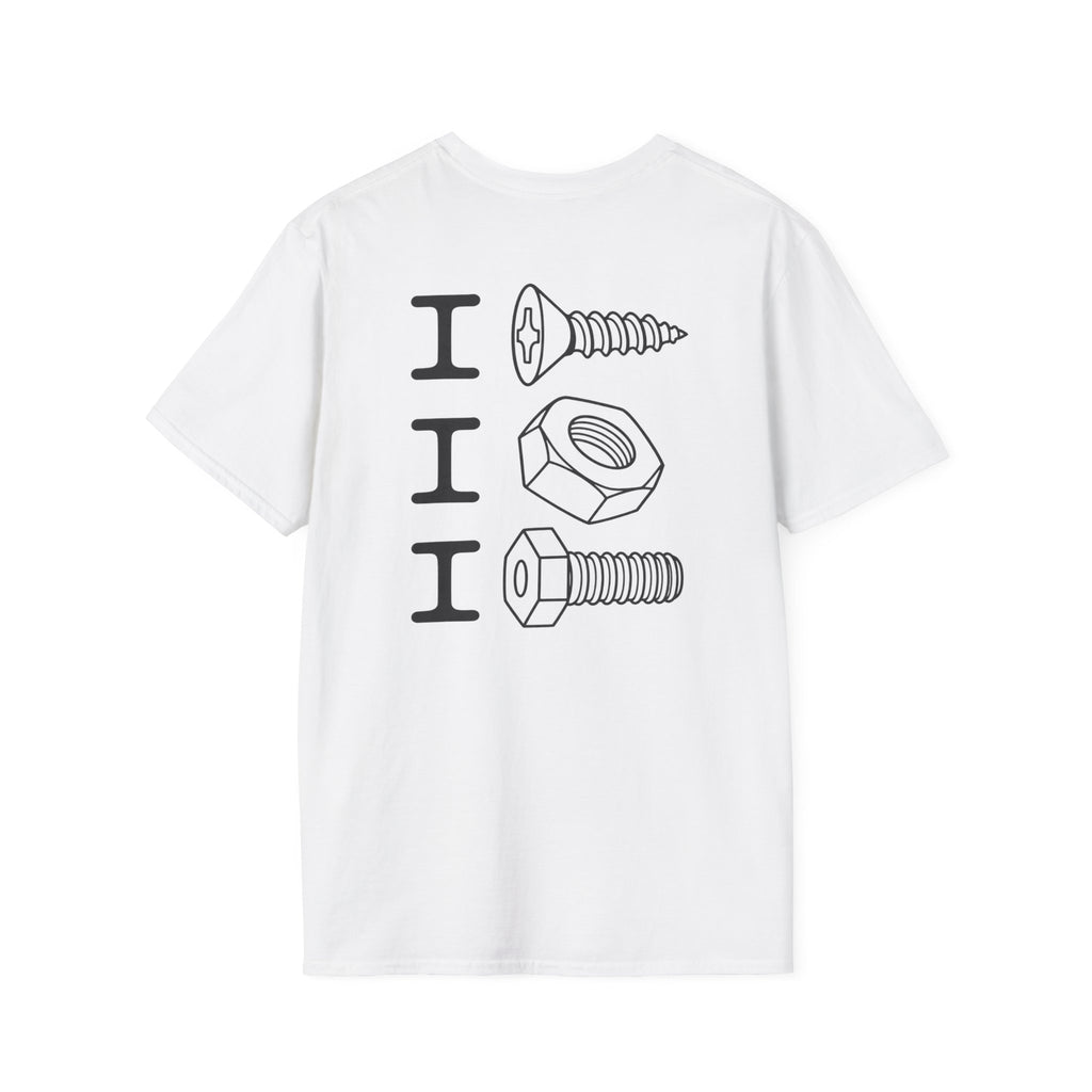 Back view of a white unisex T-shirt with three black I letters beside screw, nut and bolt illustrations.
