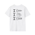 Back view of a white unisex T-shirt with three black I letters beside screw, nut and bolt illustrations.