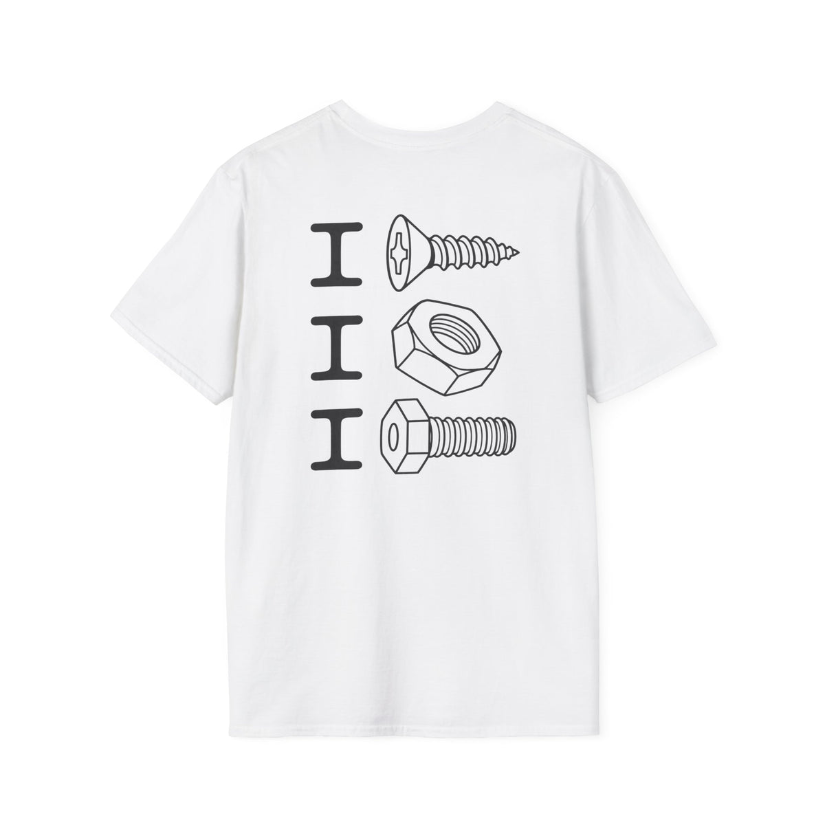 Back view of a white unisex T-shirt with three black I letters beside screw, nut and bolt illustrations.