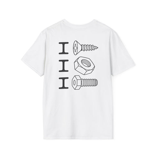 Back view of a white unisex T-shirt with three black I letters beside screw, nut and bolt illustrations.