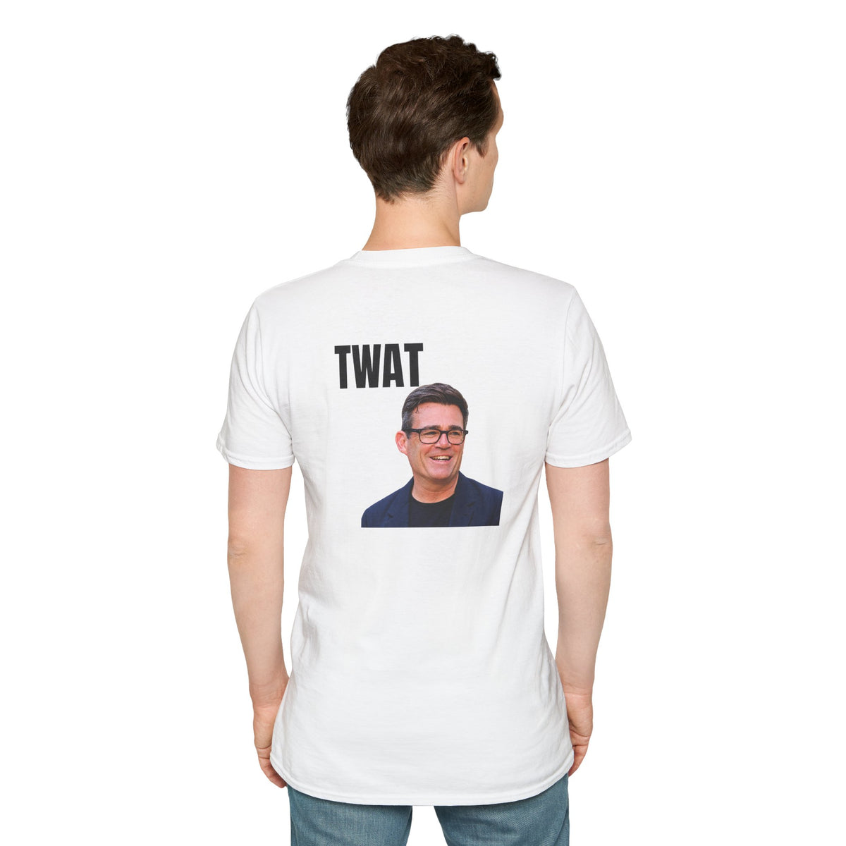 Second official model back view showing the white T-shirt and its TWAT portrait back print.